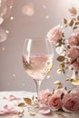 Composition with bottle of Pink Sparkling Champagne wine with pink rose petals , wine glasses, pink rose. Cute Valentines day Royalty Free Stock Photo