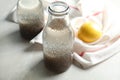 Composition with bottle of water and chia seeds Royalty Free Stock Photo