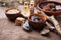 Composition with bottles of essential oils on table. Natural cosmetics, homeopathy, alternative traditional medicine concept. Royalty Free Stock Photo