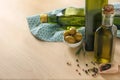 Composition with bottles of olive oil on table Royalty Free Stock Photo