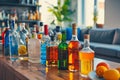 Composition of bottles of various luxury alcoholic beverages Royalty Free Stock Photo