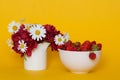 Arrangement of flowers in a vase and strawberries in a cup on a yellow background. Mocap.