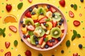 composition bowl with summer fruit and berry salad on yellow background, Generative AI Royalty Free Stock Photo