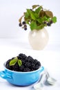 Composition of branch of Blackberry with leaf and blackberries in a blue ceramic bowl