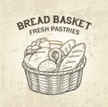 Composition of bread basket. Vector sketch of baking colllection, realistic, simple design. Royalty Free Stock Photo