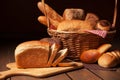 Composition with bread and rolls in wicker basket Royalty Free Stock Photo