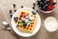 Composition of breakfast with belgian waffle Royalty Free Stock Photo