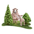 A composition of brown sheep and lamb on a sunny pasture among green shrubs and thuja. For postcards, textiles, booklets, banners