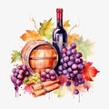 Composition of bunch of pink grapes, red wine bottle and wooden barrel on leaves background. Watercolor or aquarelle painting Royalty Free Stock Photo