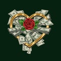 Composition with bundle of cash money in gold heart shaped frame Royalty Free Stock Photo