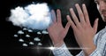 Composition of businessman using interactive screen with cloud and digital icons