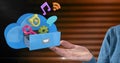 Composition of businessman using interactive screen with cloud and digital icons