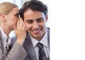Composition of businesswoman whispering in ear of businessman Royalty Free Stock Photo