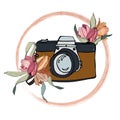 Composition camera and a bouquet of tulips. Doodle style. Logo with flower illustration on a white background.