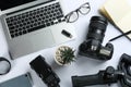 Composition with camera and video production equipment on white background Royalty Free Stock Photo