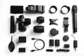 Composition with camera and video production equipment on white background Royalty Free Stock Photo