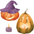 Composition of candle with a bright flame, Orange pumpkin for Halloween in purple witch. Funny light face. watercolor illustration Royalty Free Stock Photo