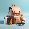 Beige backpack, sunglasses, coffee cup, bottle of sunblock and thermos on blue background