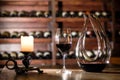 Composition of carafe, glass with wine and canddle. Shelves with wine bottles on a background.