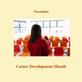 Composition of career developement month text with caucasian businesswoman