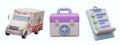 Composition with cartoon ambulance, box with medicine for first aid, and clipboard Royalty Free Stock Photo