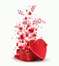 Composition with a casket of red color and set of hearts and figures, Royalty Free Stock Photo