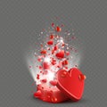 Composition with a casket of red color, set of hearts and rays of light. Royalty Free Stock Photo