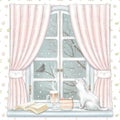 Watercolor and lead pencil graphic composition with cat, coffee, cake and book on the window with winter landscape Royalty Free Stock Photo