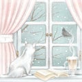 Watercolor and lead pencil graphic composition with cat, coffee and open book on the window with winter landscape