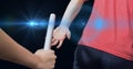 Composition of caucasian athletes passing grey relay baton with glowing light