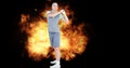 Composition of caucasian female golf player holding golf club over flames on black background Royalty Free Stock Photo