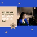 Composition of celebrate international human rights day text over asian woman