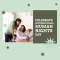 Composition of celebrate international human rights day text over biracial couple