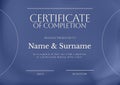 Composition of certificate of completion text with copy space on blue background