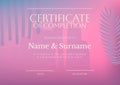 Composition of certificate of completion text with copy space on pink background