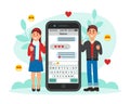 Composition with characters, Male and female characters chatting online using dating mobile application. Young man and Royalty Free Stock Photo