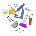 Composition chemical laboratory equipment on white background. Abstract medical atom, microscope, glass, flask, test tube with Royalty Free Stock Photo