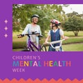 Composition of children\'s mental health week text and grandmother and granddaughter on bikes