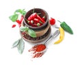 Composition with chili peppers and dry spices on white background Royalty Free Stock Photo