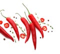 Composition with chili peppers, herbs and spices on white background Royalty Free Stock Photo