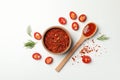 Composition with chilli pepper spice and sauce on white background Royalty Free Stock Photo