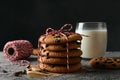 Composition chip cookies and milk on gray table Royalty Free Stock Photo