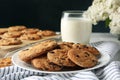 Composition chip cookies and milk on white table Royalty Free Stock Photo