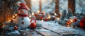 Composition of Christmas decorations on wooden planks with snowman, decorated branches, presents, and candy canes Royalty Free Stock Photo