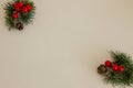 Composition of Christmas pinecone, branches of Hollies on green wooden background.