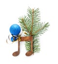 Composition with Christmas tree branch, decor and wooden music note on white background Royalty Free Stock Photo