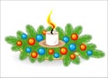 Composition of Christmas tree branches. Traditional symbol of the New Year. Creates a festive mood. Decorated with bright toys,