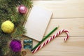 Composition with Christmas tree, notebook and yarn balls as decorations on wooden background Royalty Free Stock Photo