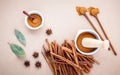 Composition of cinnamon stick and cinnamon powder in white mortar with star anise ,bay leaves and wooden spoon on brown Royalty Free Stock Photo