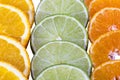 Composition of citrus fruit slices of green lime, mandarin and orange, close up